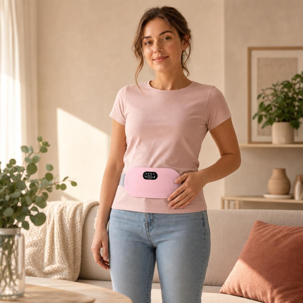 Mujer con el cinturón térmico sobre la camiseta, en el abdomen