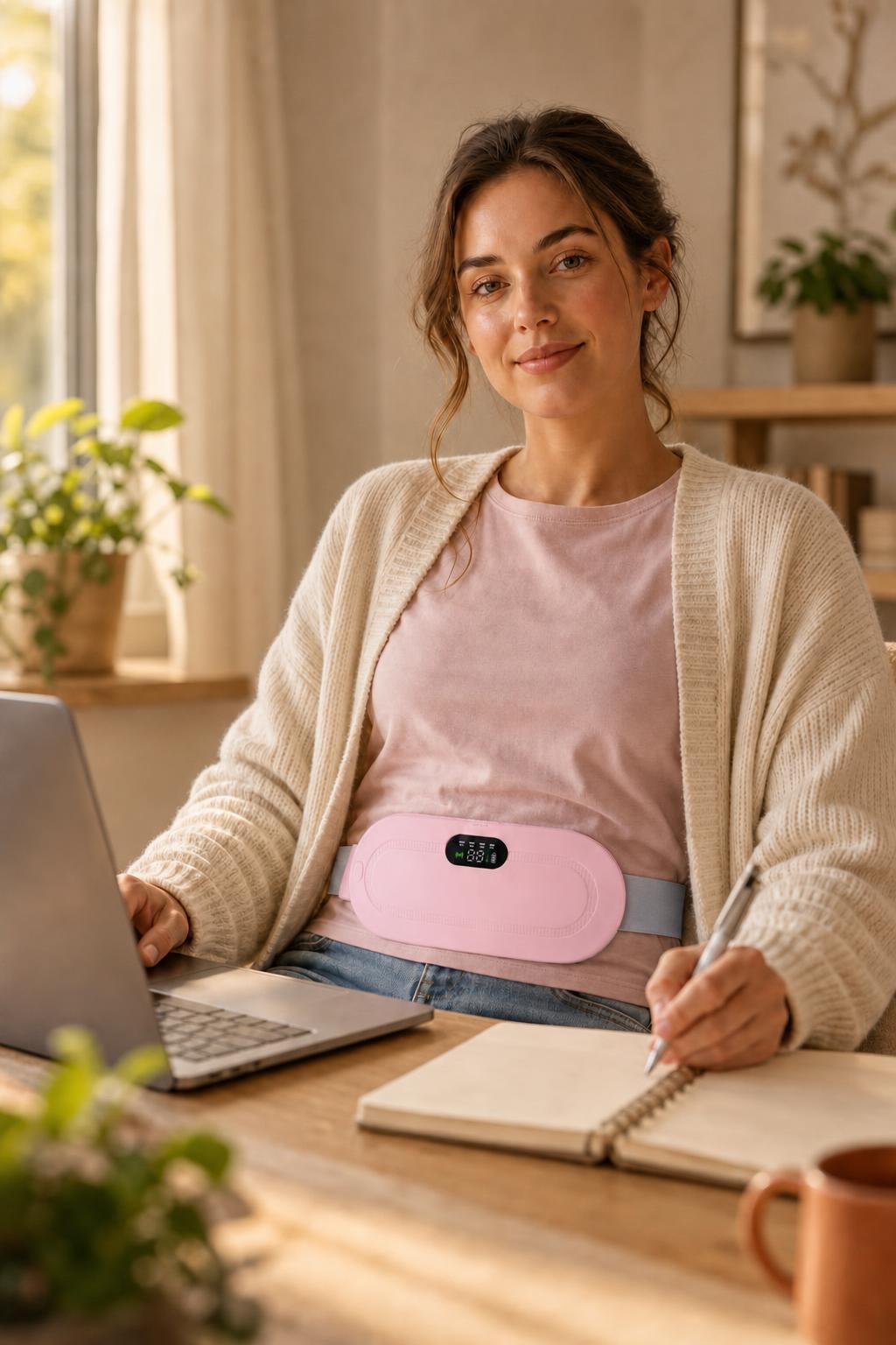 Mujer trabajando con el portátil y el cinturón térmico sobre la camiseta